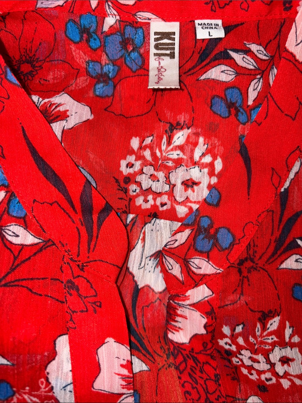 Kut from the Kloth Chiffon Floral V-Neck Blouse L Red - Picture 5 of 10